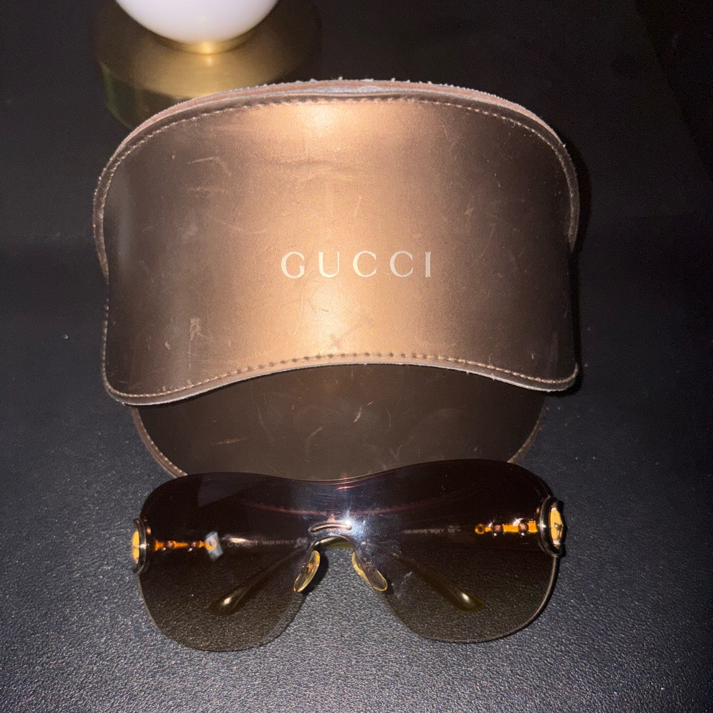 Gucci Brown Gradient Rimless Shield Sunglasses With Gold Accents
